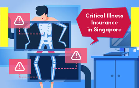 a cartoon man undergoing an xray scan, discovering that there are multiple health concerns detected throughout his body, with a "Critical Illness Insurance in Singapore" callout speech bubble at the side
